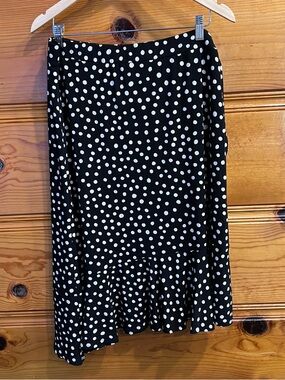 Susan Graver Black White Polka Dot Ruffle Skirt XL Asymmetrical Slinky Chic
